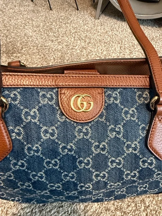 Gucci Blue Denim GG Monogram Tote with Brown Leather Trim - Picture 2 of 5